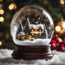 Snow globe with a tiny festive village inside, capturing the swirling snow and the light