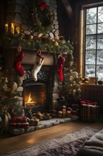 Traditional stone fireplace decorated for Christmas, with garlands, stockings, and candles, set in