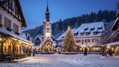 Charming village square decorated for the holidays, with snow-covered rooftops and strings of