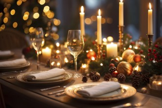 Close up of Christmas dinner table with traditional festive foods and ambient candlelight, AI