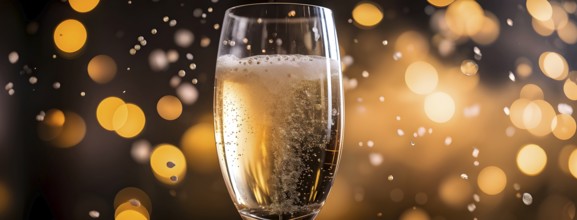 A close-up of a champagne glass with golden bubbles rising, AI generated