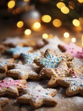 A detailed shot of Christmas cookies on a wooden table, featuring star-shaped cookies with colorful