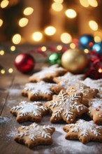 A detailed shot of Christmas cookies on a wooden table, featuring star-shaped cookies with colorful