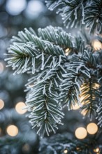 Detailed shot of frosted pine branches with twinkling fairy lights and icicles hanging, creating a