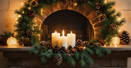 A cozy fireplace mantle decorated with pine cones, garlands, and lit candles, with a close-up focus