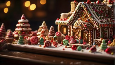 Gingerbread house decorations, focusing on the intricate icing details, colorful candy, and soft,