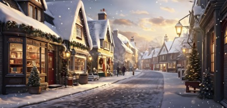 Wintery street scene in a small village with snow-covered rooftops in a warm golden light streaming