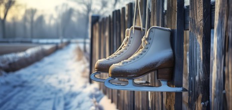 Pair of vintage ice skates hanging by their laces on an old wooden fence with frost and snow gently