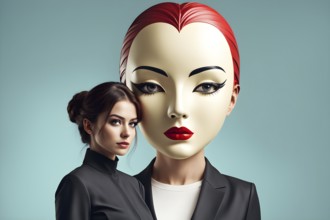 Thoughtful woman besides oversized female mask, AI generated