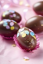 Small chocolate Easter eggs wrapped in shiny foil, placed on a bed of shredded pastel-colored