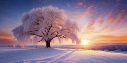 Serene winter landscape with a snow covered tree and a vibrant sunrise, AI generated