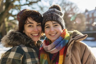 Happy young female gay couple in winter clothes. Generative AI, AI generated