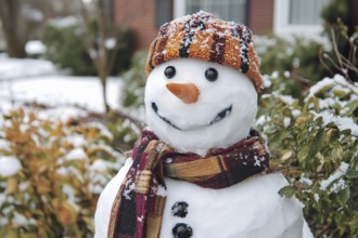 Snowman with carrot nose, scarf and hat in garden covered in snow in winter. Generative Ai, AI