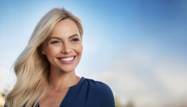 Attractive blonde woman with beautiful teeth, make up, studio, AI generated