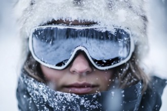 Close up of woman's face with ski sunglasses and hat in winter. Generative Ai, AI generated