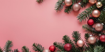 Christmas flatlay with red and pink colored tree baubles with white fir branches on pastel