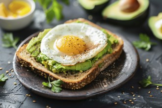 Slice of bread with avocado and fried egg. Generative AI, AI generated