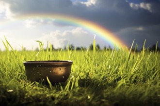 St. Patrick's day pot of gold on meadow with rainbow in background. KI generiert, generiert AI