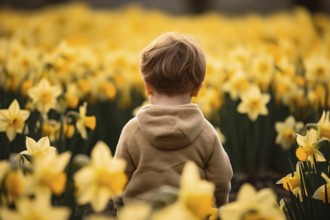 Back view of young child in field of yellow daffodil flowers in spring. KI generiert, generiert AI