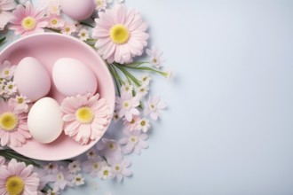 Top view of plate with easter eggs and flowers on blue bakcground. KI generiert, generiert AI