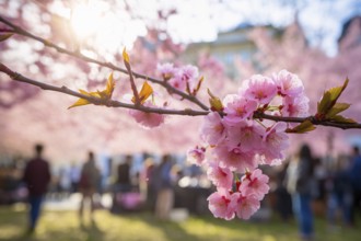 Pink sakura cherry tree flowers with Japanese Hanami spring festival in blurry background. KI