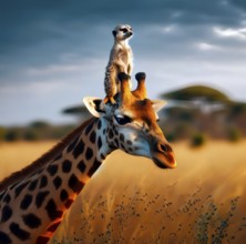 A meerkat sits on the head of a giraffe in the African savannah and thus has a wide view, AI