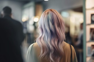 Back view of woman with rainbow pastel colored hair. KI generiert, generiert AI generated