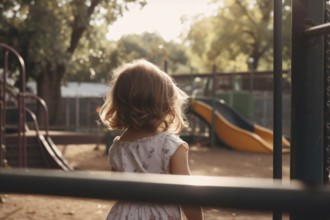 Back view of young girl child alone at empty playground. KI generiert, generiert AI generated