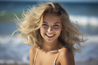 Young smiling happy blond woman with blurry beach in background. KI generiert, generiert AI