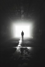 Silhouette of a man standing in a tunnel, light at the end of the tunnel, symbolic image for