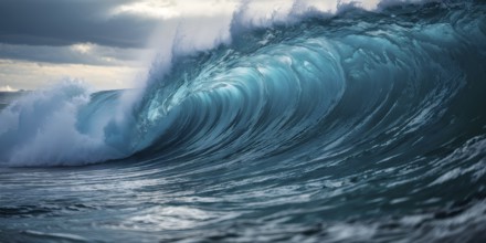 Blue ocean wave cresting with feral energy, AI generated