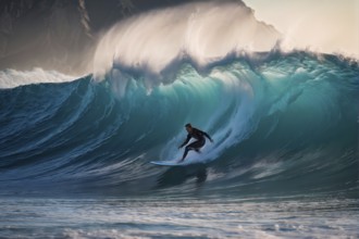 Surfer on a blue ocean wave cresting with feral energy, AI generated