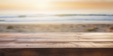 Empty wooden table with blurry beach in background. KI generiert, generiert, AI generated