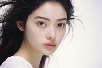 Portrait of beautiful young Asian woman with natural makeup on white studio background. KI