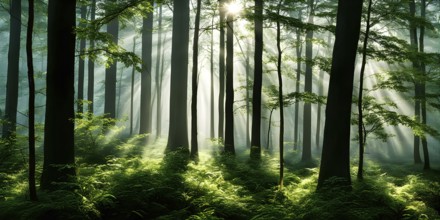 Fog covered forest in summer with mystic golden sunlight, AI generated