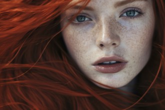 Wave of beautiful young woman with fire red hair and freckles on skin. KI generiert, generiert, AI