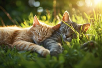 Lovely cats cuddling while sleeping in grass. KI generiert, generiert, AI generated