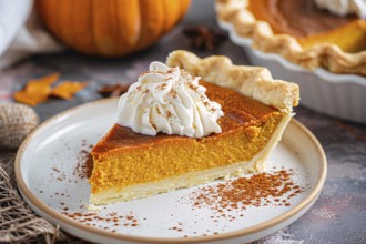 Single slice of pumpkin pie with cream on plate. Generative Ai, AI generated