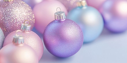 Christmas banner with pink and purple bauble ornaments with copy space. Generative AI, AI generated