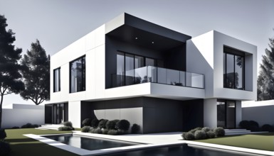 Rendering of a modern real estate residential house in clean geometric forms in black and white, AI