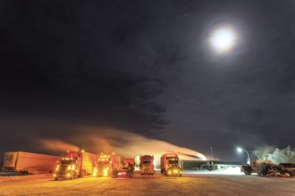 Truck, trucks, running engine, snow, winter, cold, Arctic, night shot, Eagle Plaines, Dempster