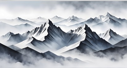 Abstract mountain range made of clean, geometric shapes with varying tones of grey and white, AI