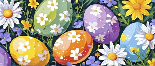 Abstract illustration of of vibrant-colored Easter eggs, surrounded by delicate spring flowers, AI