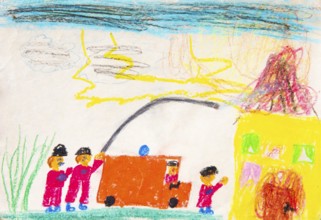 Naive illustration, children's drawing, fire brigade extinguishing a house