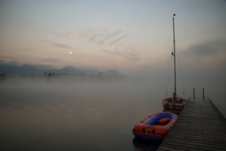 Morning atmosphere at full moon, Hopfensee, near Füssen, Ostallgäu, Allgäu, Upper Swabia, Swabia,