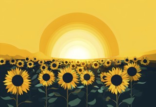 Abstract illustration of a field of sunflowers backlight with beautiful sunrise, AI generated