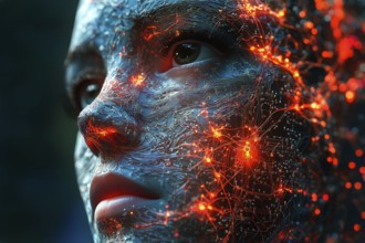 Conceptual symbolism of artificial Intelligence represented by a humanoid woman face with neuronal