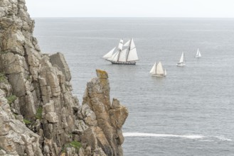 Large old traditional sailing boat in a bay on the Atlantic. Camaret sur mer, Crozon, Finistere,