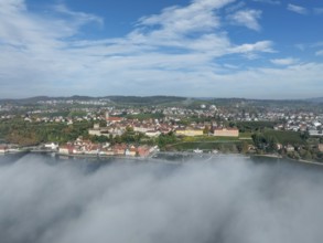 Aerial view of Meersburg and the harbour promenade in autumn fog, Lake Constance, Lake Constance