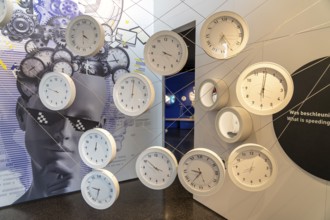 Exhibition with clocks in the interior of the Museum for Future Issues Futurium in Berlin, Germany,